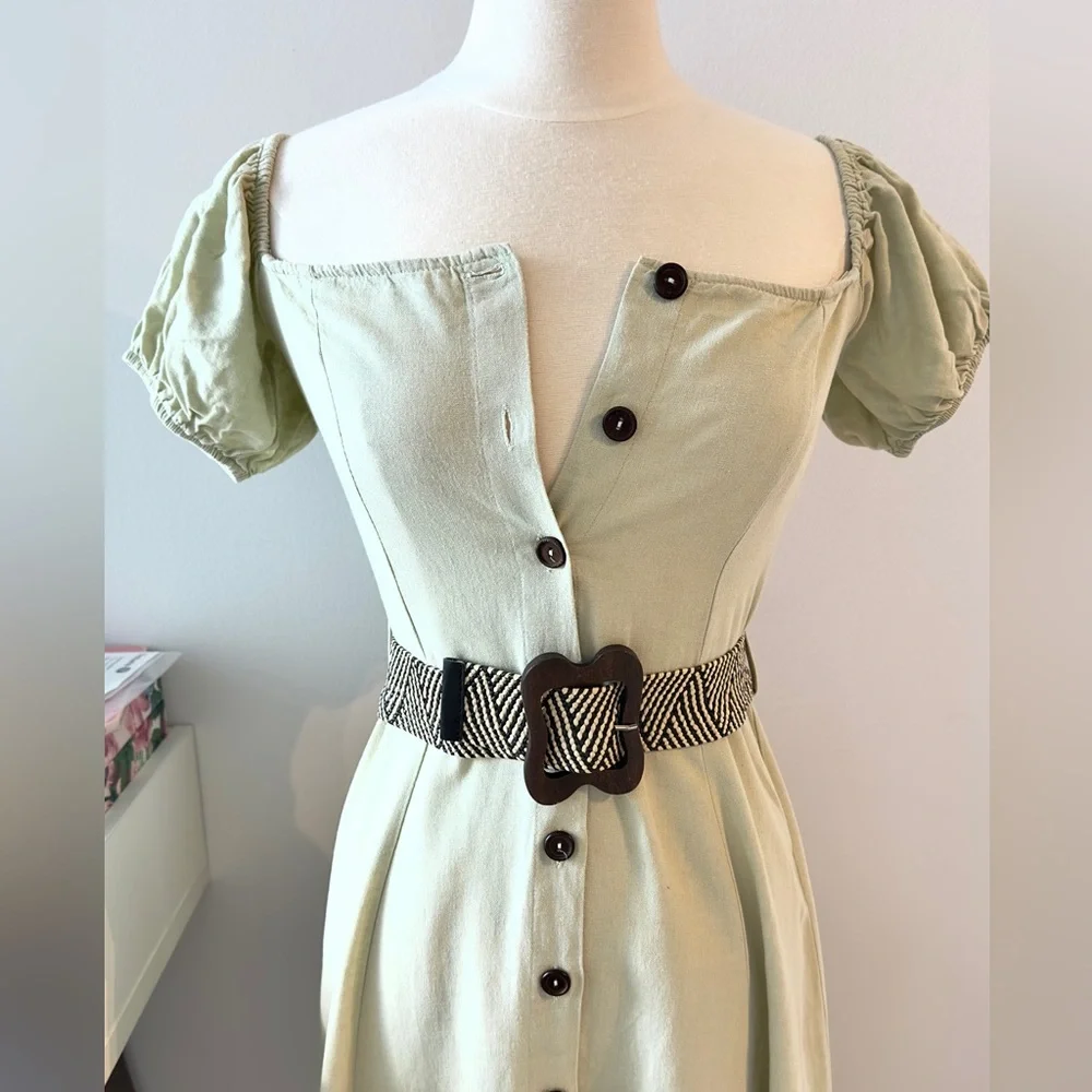 ZARA Linen Blend Midi Dress with Puff Sleeves Cottage core XS - Picture 5 of 9